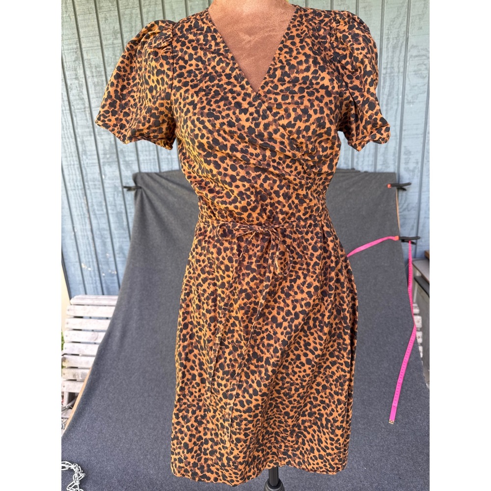 Madewell Leopard Print Wrap Mini Dress Puff Sleeve V-Neck Tan Black Womens S